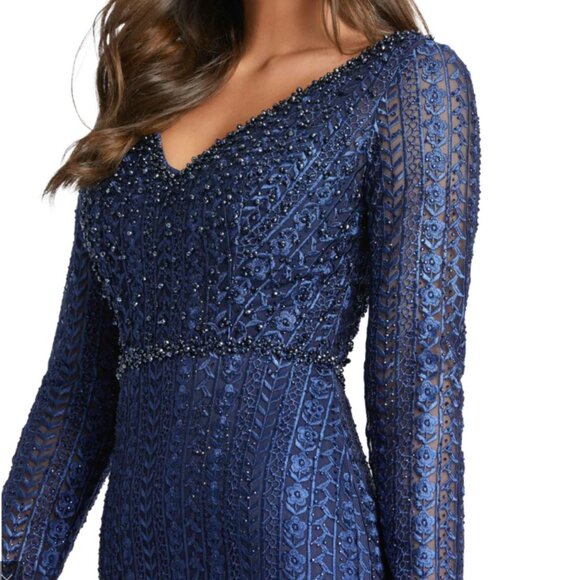 MAC DUGGAL 20271 EMBROIDERED LONG SLEEVE V-NECK TRUMPET MIDNIGHT NAVY GOWN sz 20 - Picture 2 of 3
